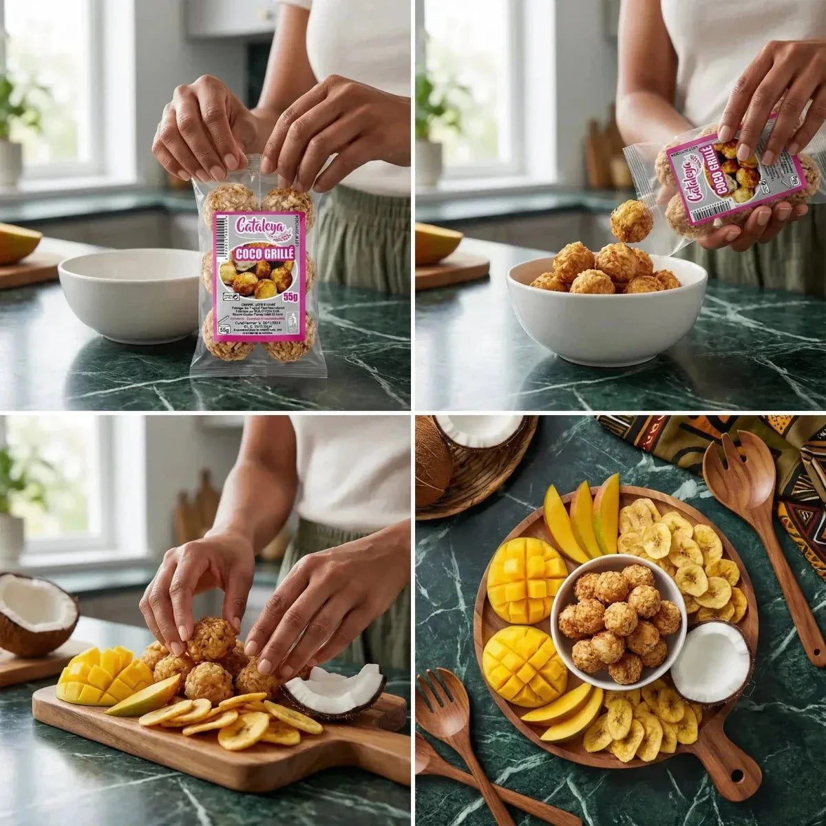 Coco Grillé CATALEYA : collation saine mise en scène avec des fruits frais (mango, banane.
