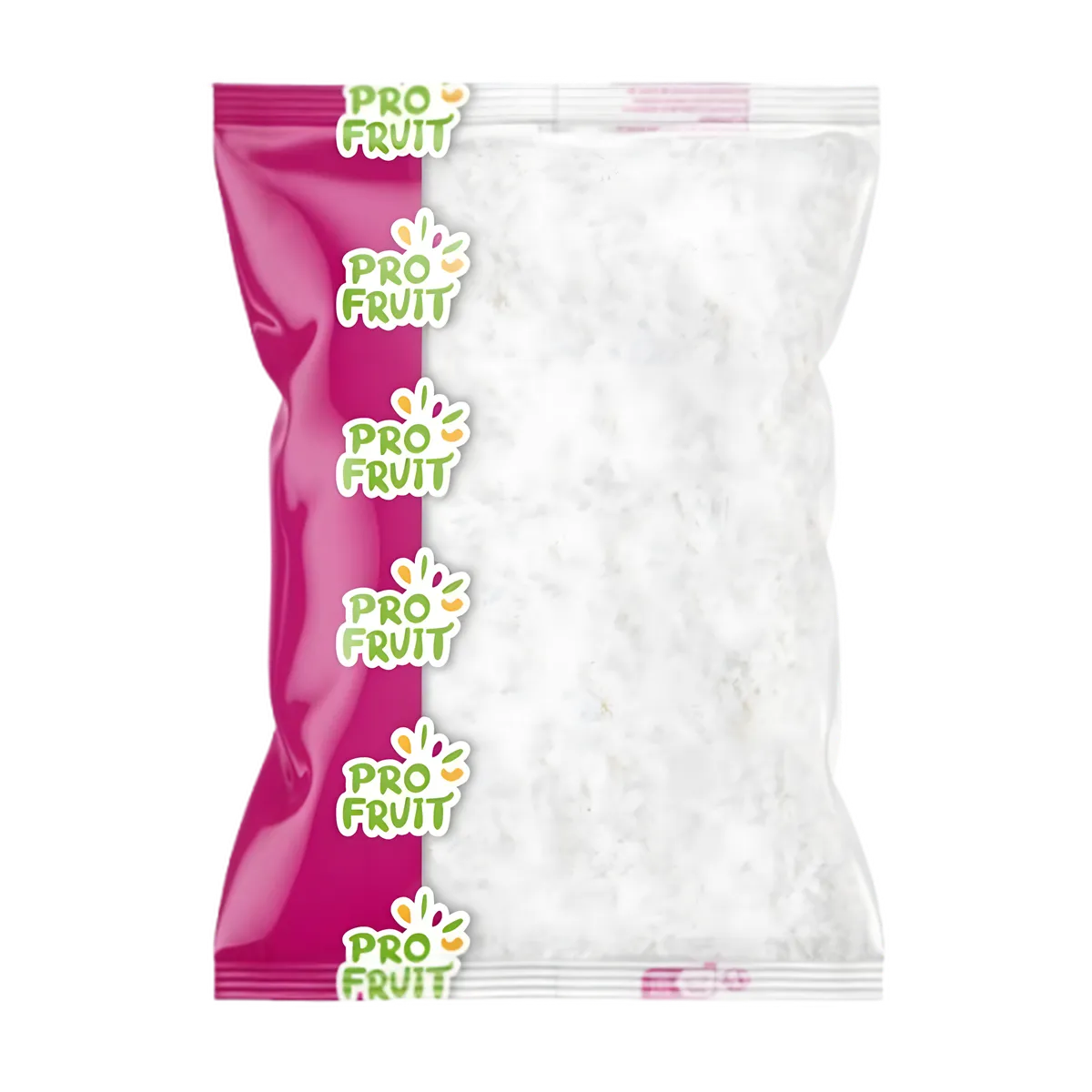 Sachet de coco râpée PROFRUIT surgelée, emballage rose et transparent, idéal pour recettes sucrées ou salées à base de noix de coco.