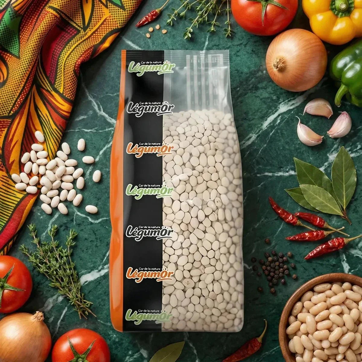 1kg bag of Légumor white beans on a table with fresh vegetables, herbs, and spices.