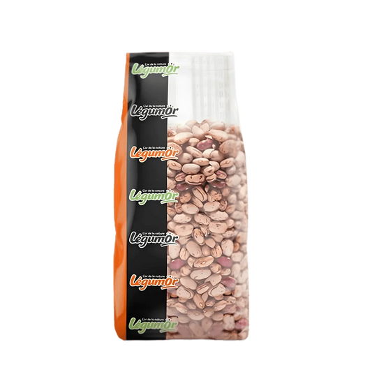 Paket rosa Bohnen 1 kg LEGUMOR. Schwarze und transparente Verpackung, die die Hülsenfrüchte zeigt.