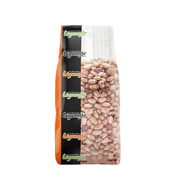 1 kg pack of pink beans LEGUMOR. Black and transparent packaging showing the legumes.