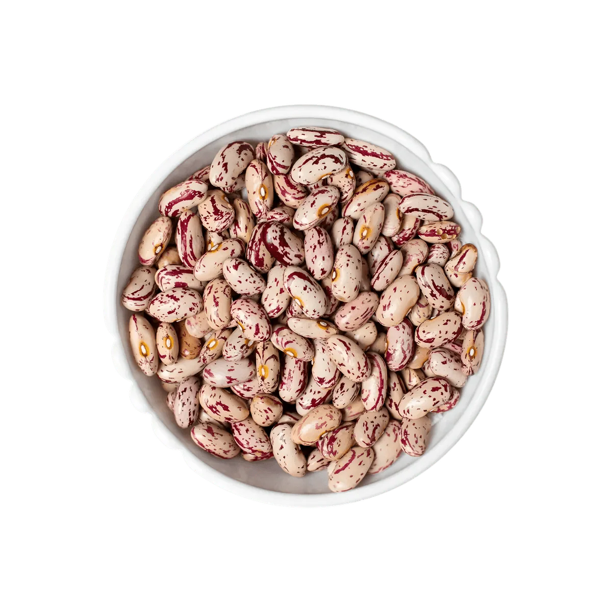 Rosa Cocos LEGUMOR in einer weißen Schüssel. Draufsicht. 1-kg-Beutel.