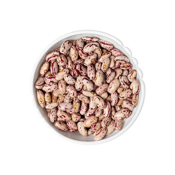 Pink LEGUMOR beans in a white bowl. Top view. 1kg bag.