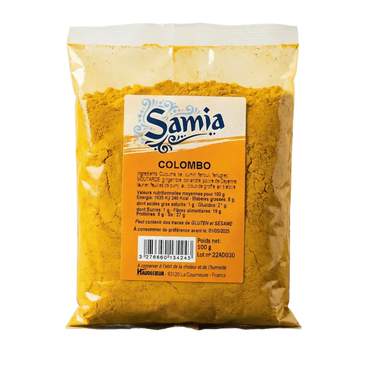 Bolsa de Colombo SAMIA, mezcla de especias amarillas. Empaque de plástico transparente sobre fondo liso.