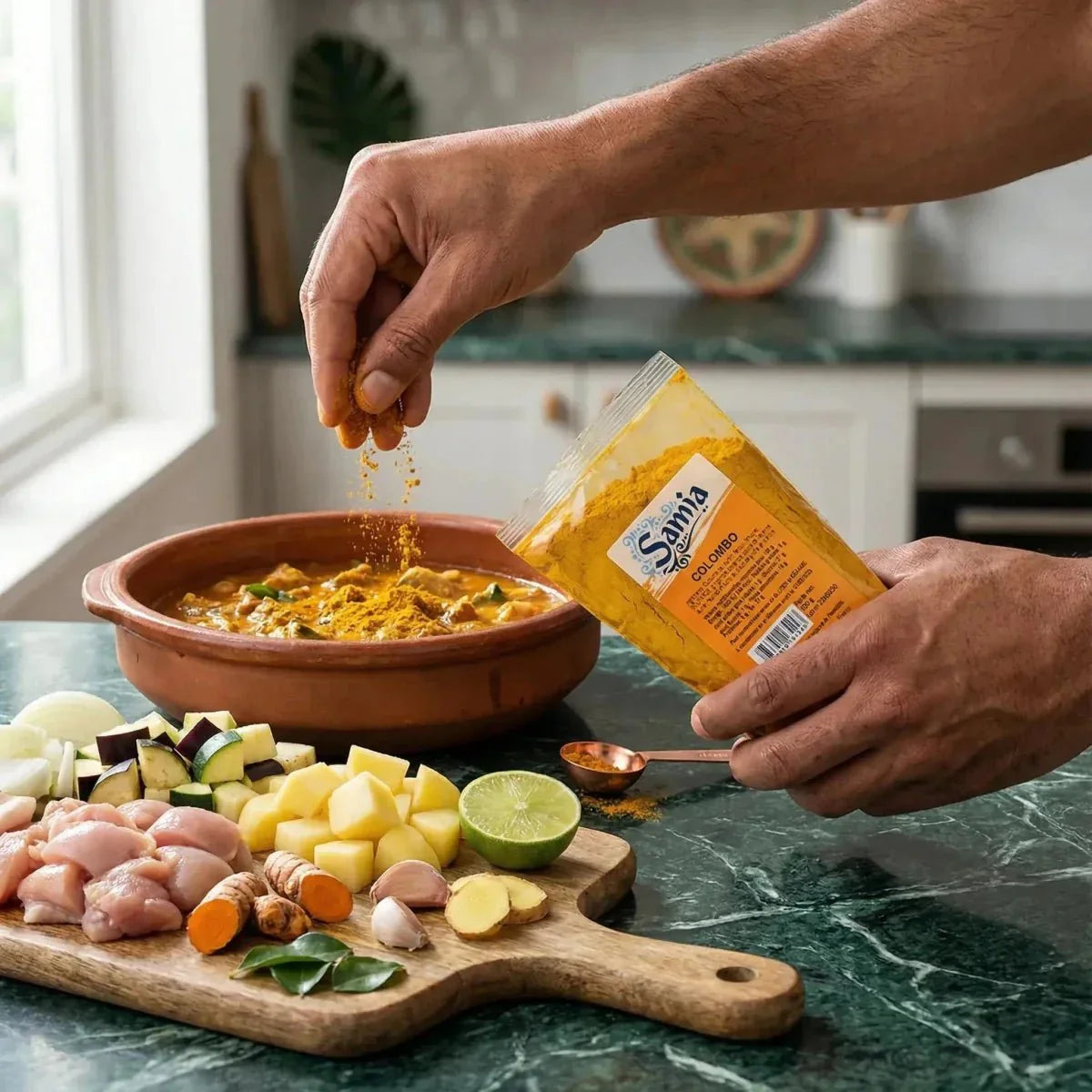 Colombo SAMIA 100g in ein Currygericht gegossen. Teller mit frischen Zutaten daneben.
