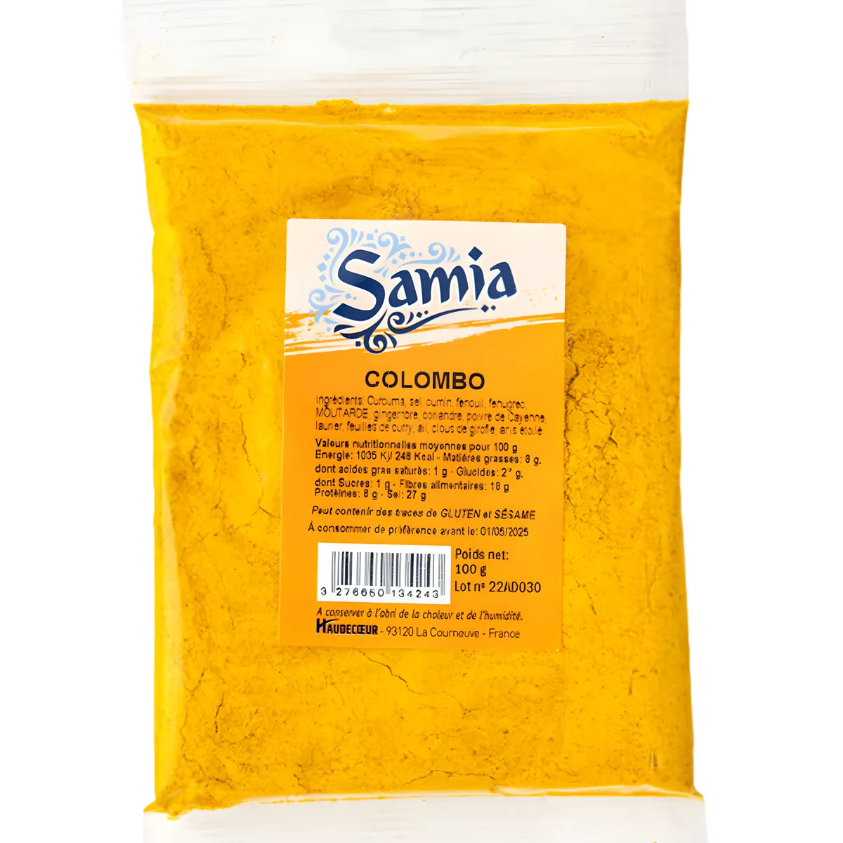 Colombo SAMIA - épices Colombo SAMIA en sachet de 100g, mélange d'épices exotiques pour plats de viandes, poissons et légumes.
