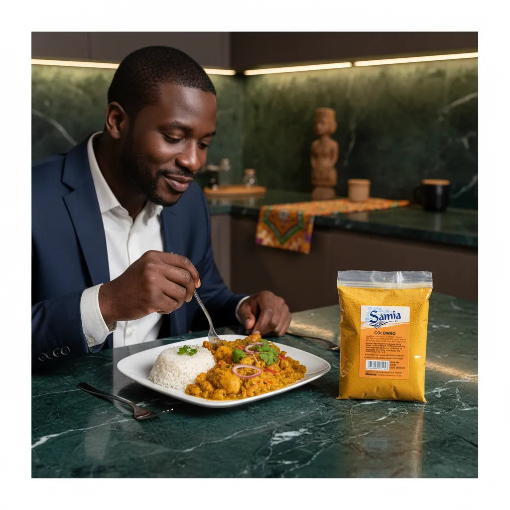 Homme dégustant un plat au Colombo SAMIA avec riz, épices exotiques idéales pour une cuisine savoureuse et authentique.