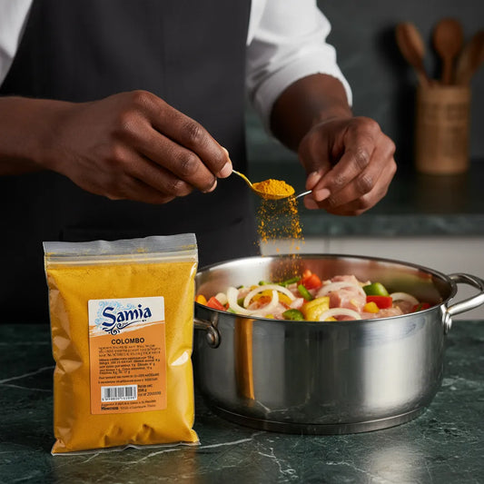 Épices Colombo SAMIA utilisées pour assaisonner un plat mijoté aux légumes et viande, parfait pour une touche exotique culinaire.