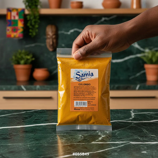 Dos du sachet Colombo SAMIA présenté en cuisine, épices exotiques pour viandes, poissons et légumes, sans gluten ni sésame.