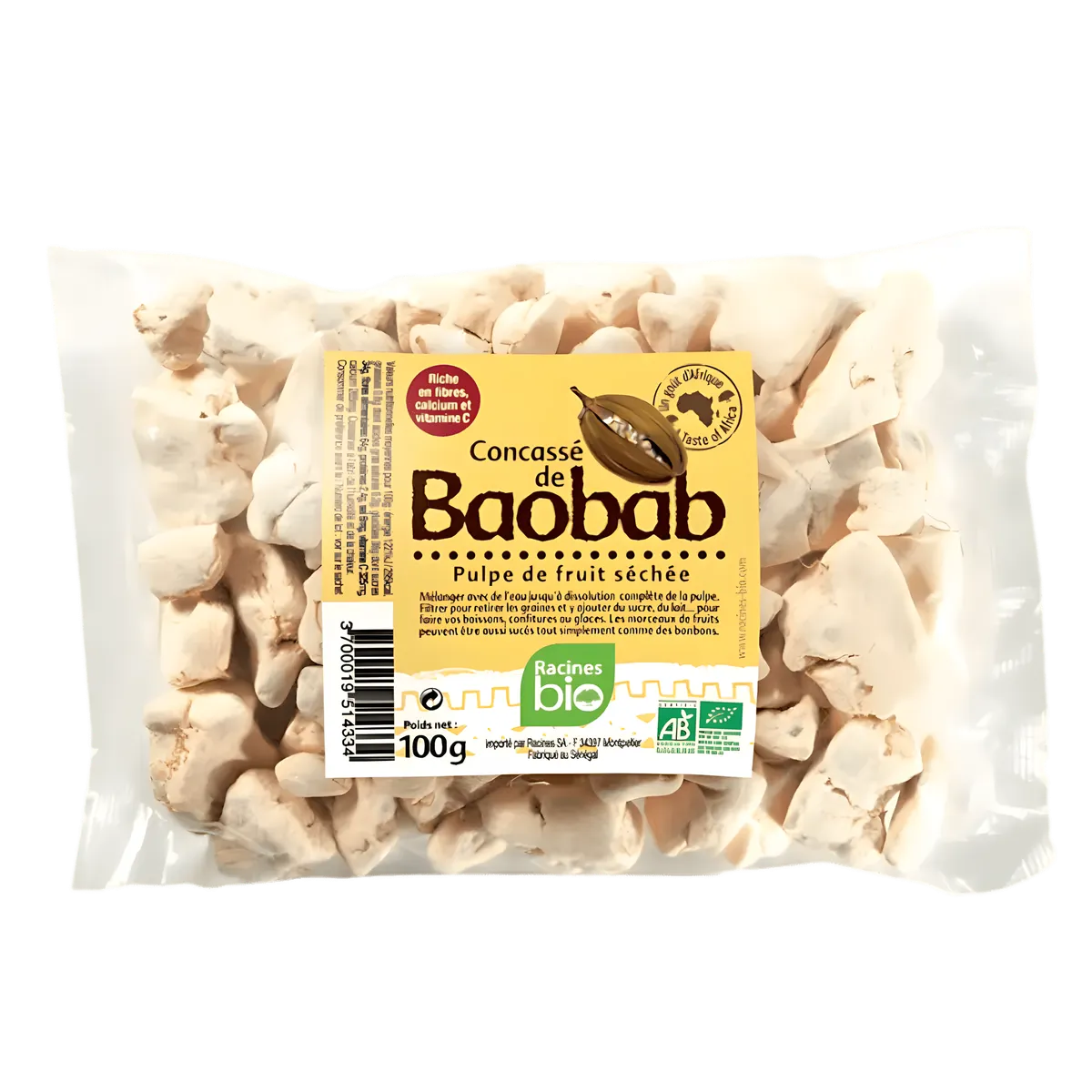 Concassé de Baobab BIO RACINES en sachet de 100g, pulpe de fruit séchée bio pour épicerie sucrée, riche en fibres et vitamine C.
