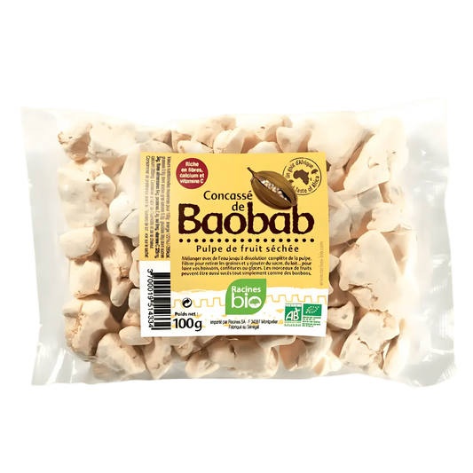 Concassé de Baobab BIO RACINES en sachet de 100g, pulpe de fruit séchée bio pour épicerie sucrée, riche en fibres et vitamine C.