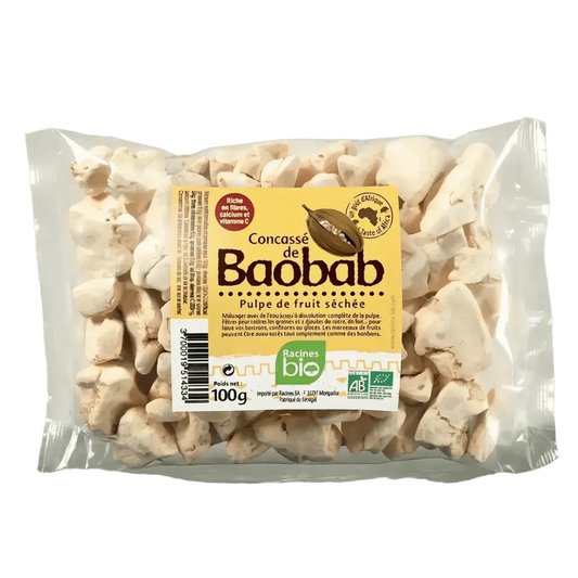 Zak met biologische baobabstukjes Racines, gedroogde vruchtvlees, formaat 100g.