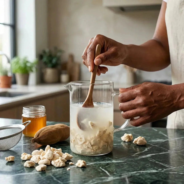 RACINES : Concassé de baobab BIO. Préparation d'une boisson au baobab dans une cuisine lumineuse.