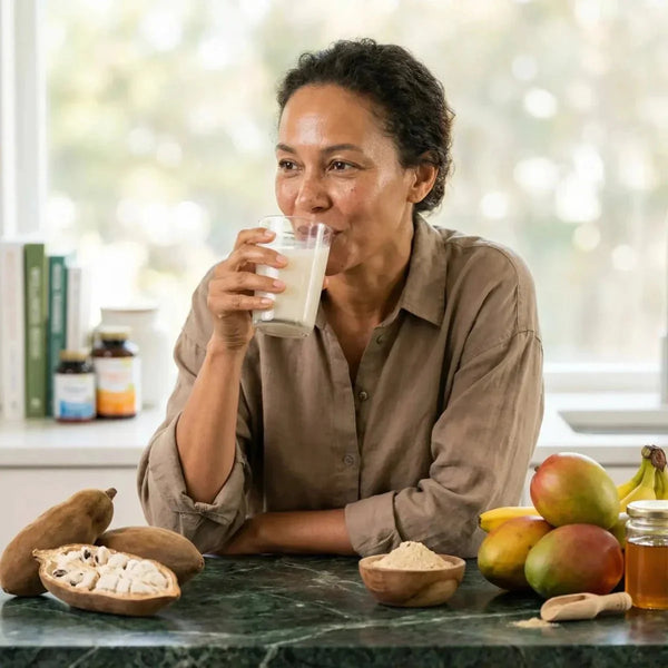 RACINES - Femme buvant un verre près de mangues, miel, poudre de baobab et tamarin.