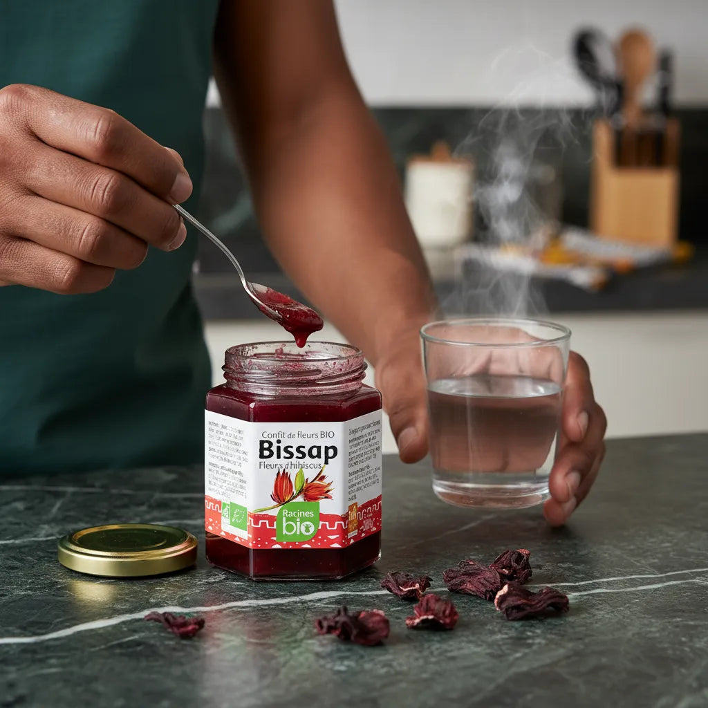 Préparation d’une boisson chaude avec le Délice Hibiscus BIO RACINES, confit d’hibiscus bio utilisé comme infusion gourmande.