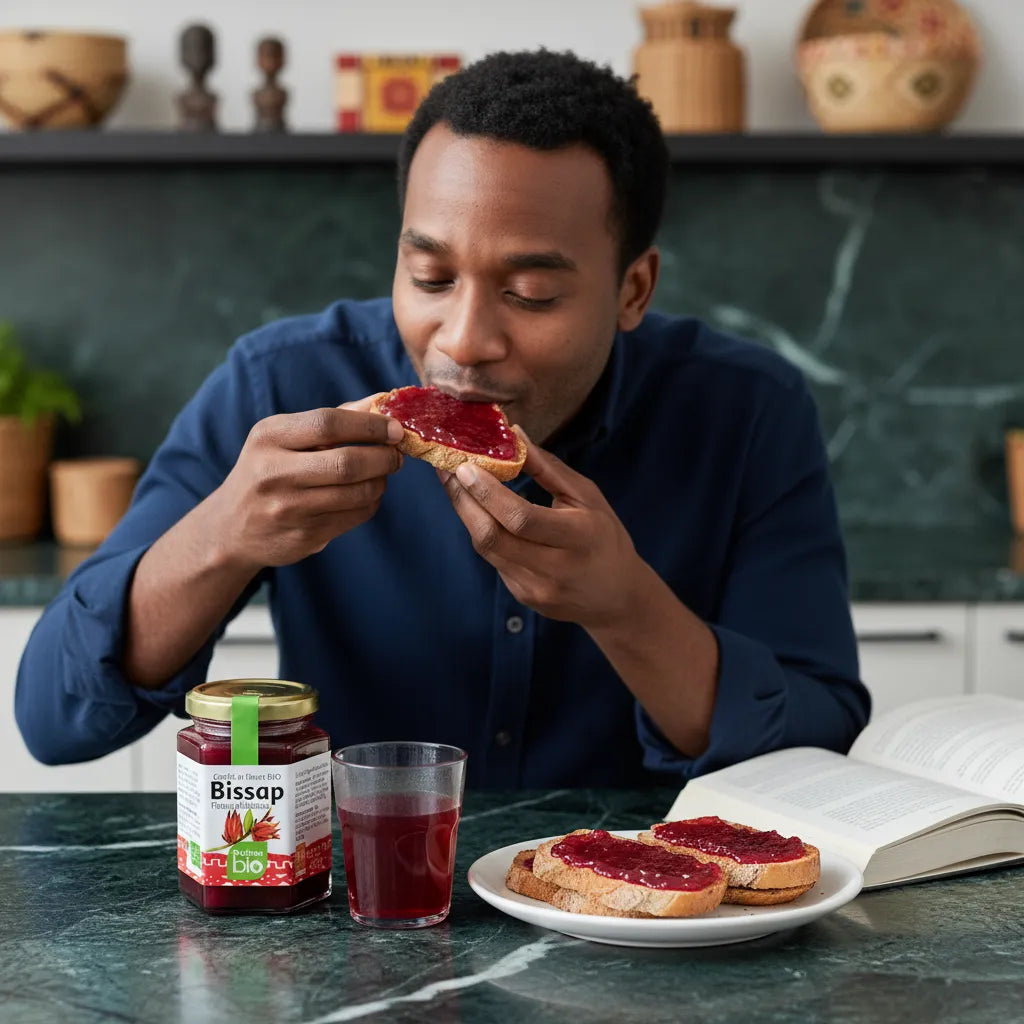 Homme dégustant une tartine au Délice Hibiscus BIO RACINES, confiture d’hibiscus bio accompagnée d’un verre de jus et d’un livre.