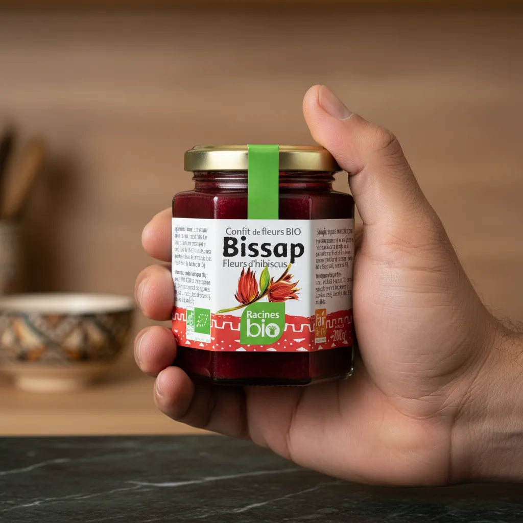 Main tenant un pot de Délice Hibiscus BIO RACINES, confit de fleurs d’hibiscus bio, parfait pour une épicerie sucrée naturelle.