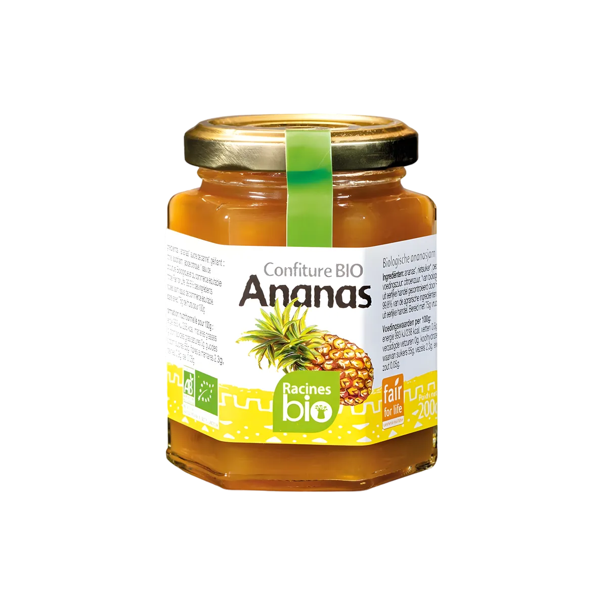Confiture Ananas BIO - Riche Goût Naturel en pot de 200g Racines Bio, étiquette verte et jaune, idéale pour l'épicerie sucrée bio.