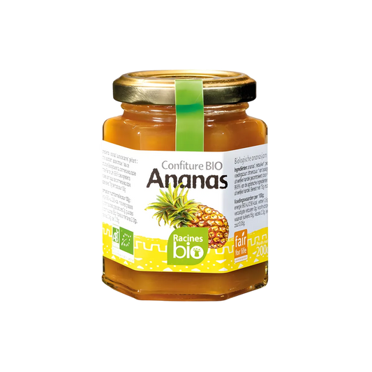 Confiture Ananas BIO - Riche Goût Naturel en pot de 200g Racines Bio, étiquette verte et jaune, idéale pour l'épicerie sucrée bio.