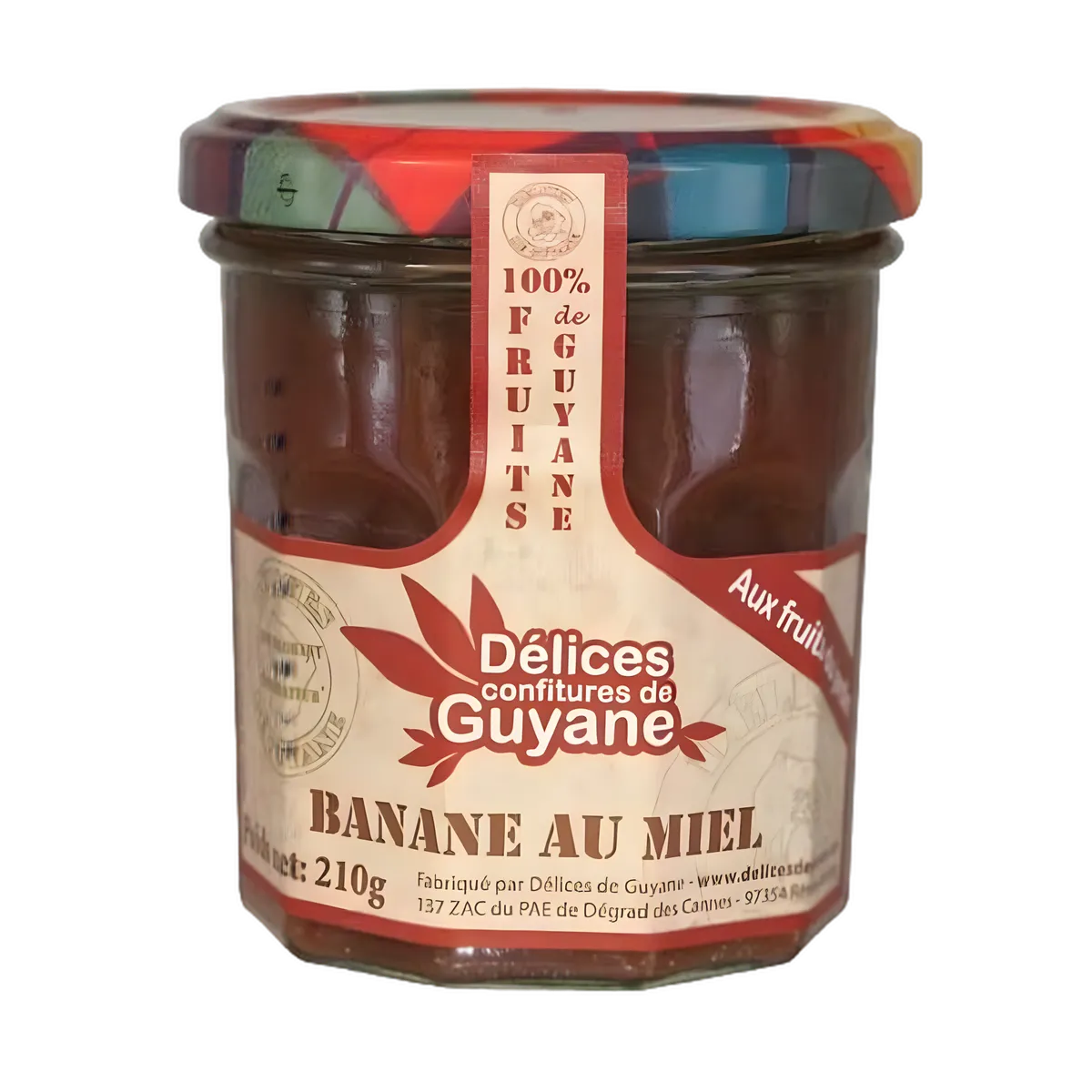 Confiture Banane Miel Guyane DÉLICES DE GUYANE en pot de 210g, idéale pour tartines et desserts, texture onctueuse et goût authentique.