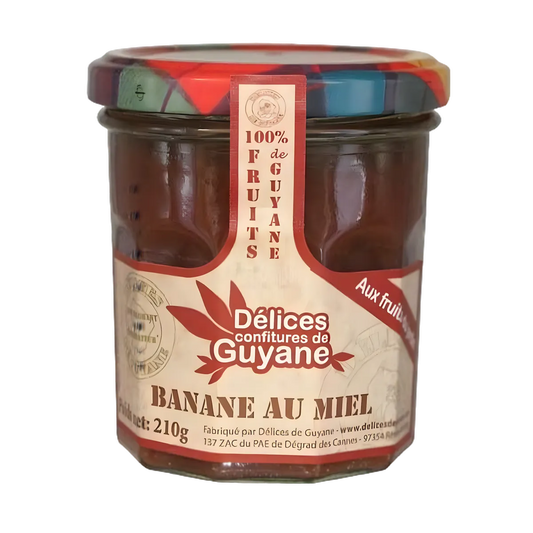 Confiture Banane Miel Guyane DÉLICES DE GUYANE en pot de 210g, idéale pour tartines et desserts, texture onctueuse et goût authentique.