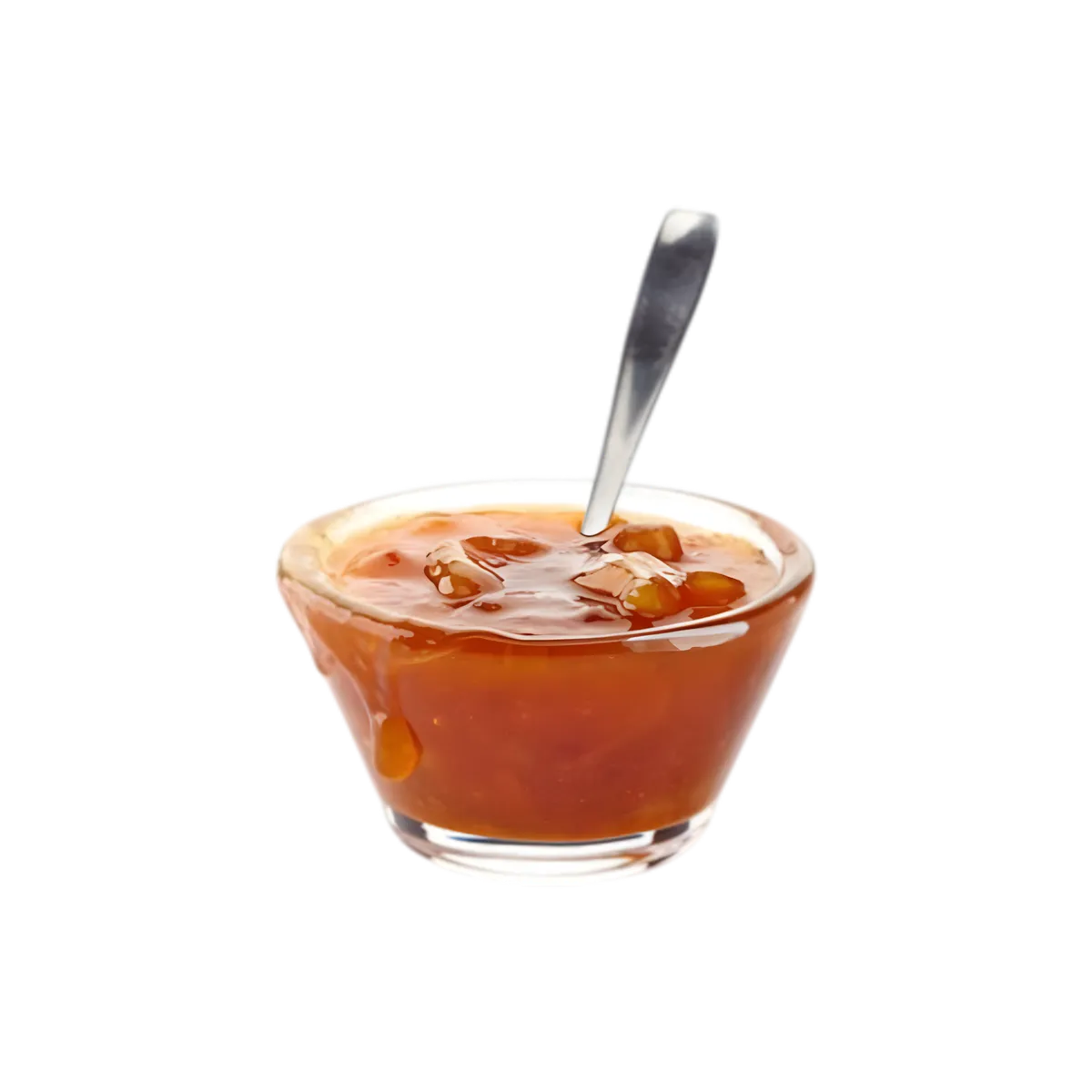Confiture Banane Miel Guyane servie dans une coupelle en verre avec cuillère, parfaite pour crêpes, pains et douceurs sucrées.