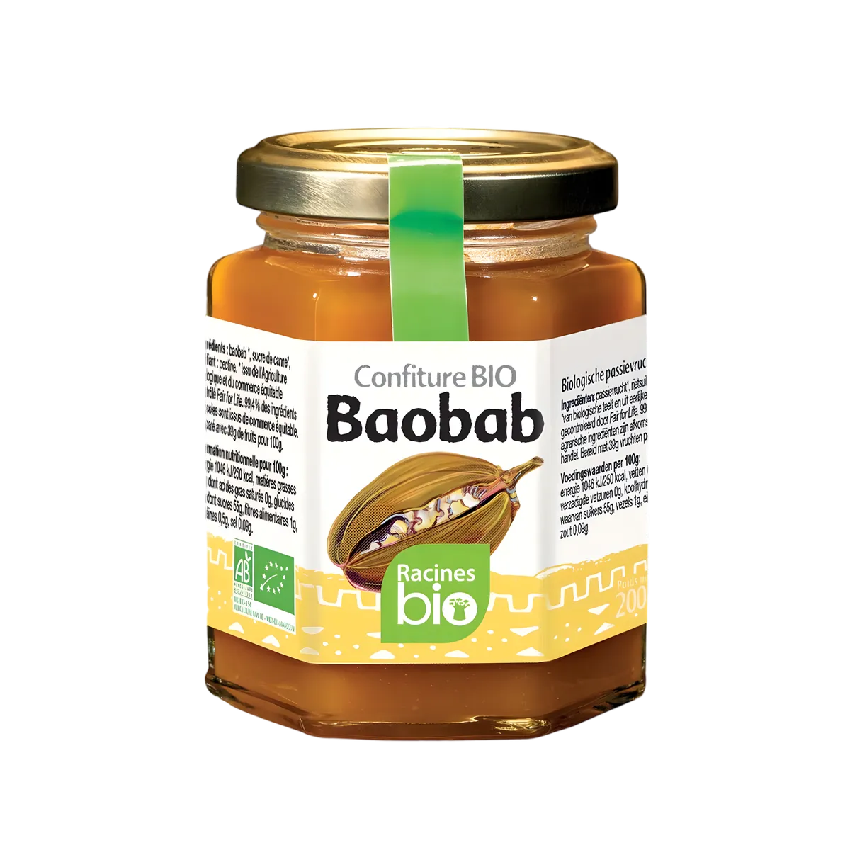 Pot de confiture baobab RACINES BIO 200g, épicerie sucrée bio au goût unique et riche en vitamine C, idéal pour tartines et desserts.