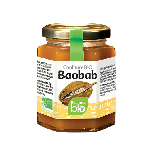 Pot de confiture baobab RACINES BIO 200g, épicerie sucrée bio au goût unique et riche en vitamine C, idéal pour tartines et desserts.