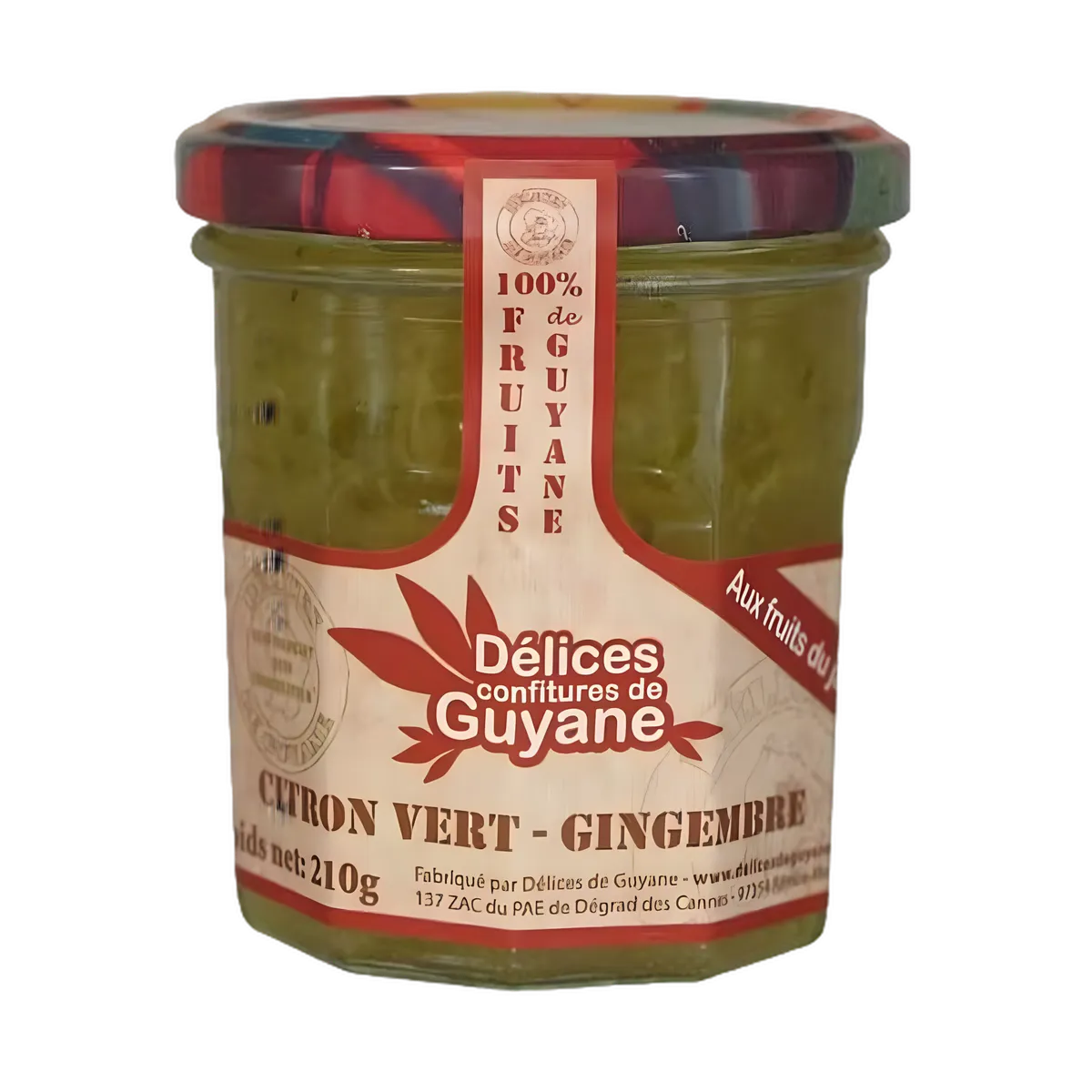 Confiture Citron Vert Gingembre DÉLICES DE GUYANE en pot de 210g, saveurs tropicales et texture onctueuse, 100% fruits de Guyane.