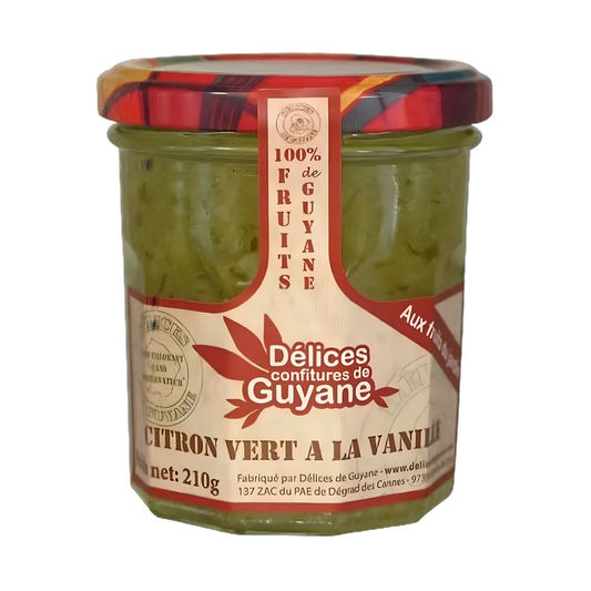 Pot de confiture Citron Vert Vanille DÉLICES DE GUYANE 210g, 100% fruits, étiquette artisanale aux couleurs tropicales. Épicerie sucrée exotique.