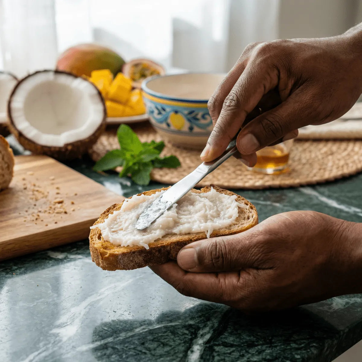 Confiture Coco Passion MAMOUR sur une tartine. Main avec couteau appliquant la confiture.