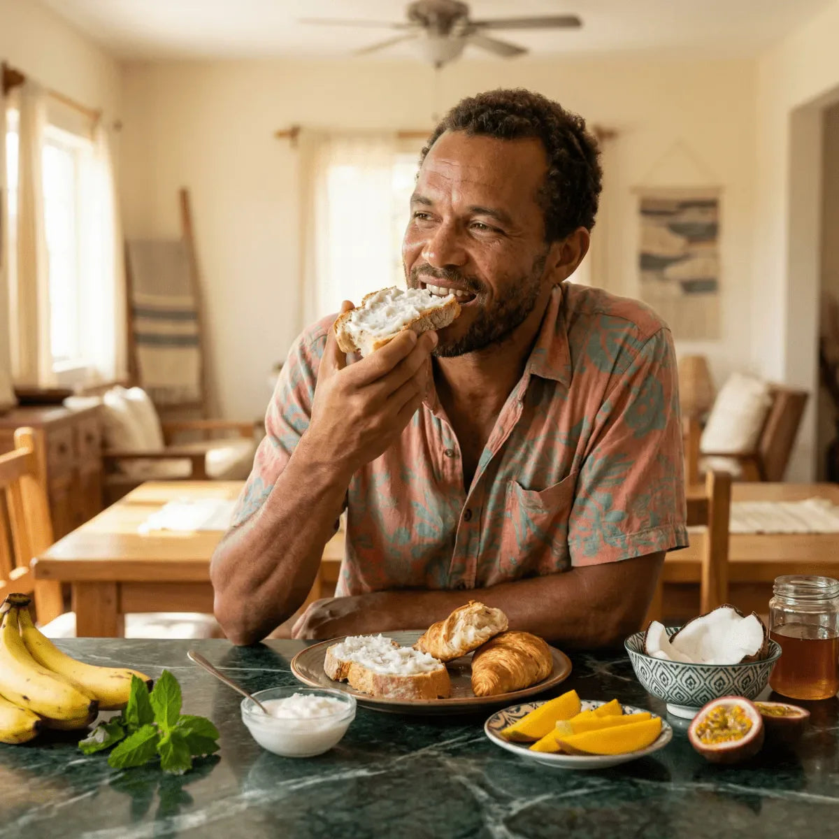 Un homme savoure une tartine de confiture Coco Passion MAMOUR. Sur la table, fruits frais.