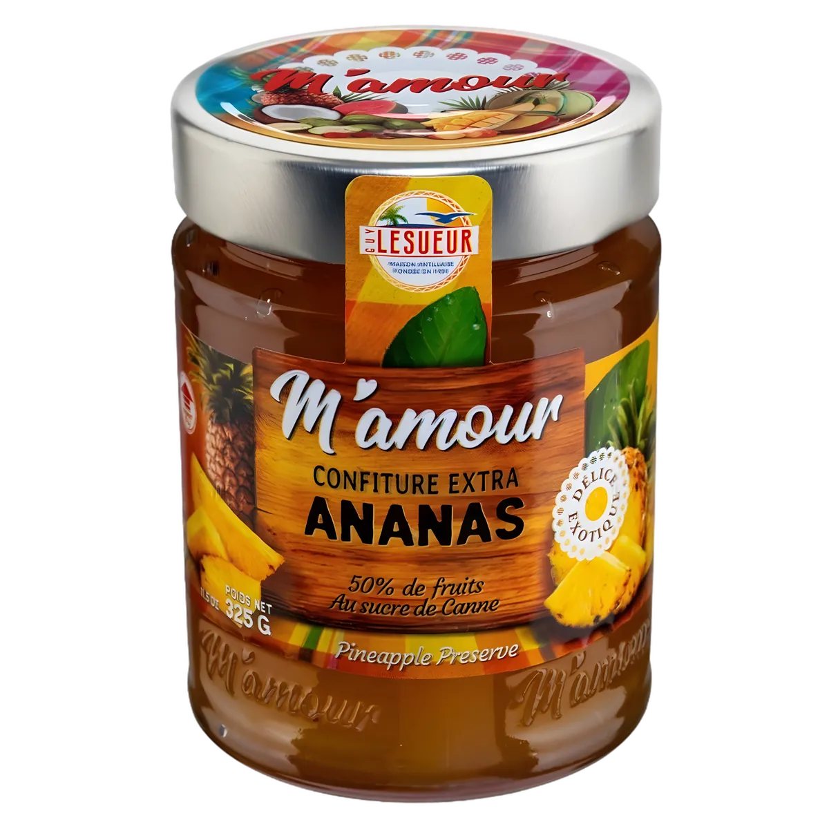 Confiture d'ananas maison M'AMOUR en pot de 325g, étiquette colorée mettant en avant 50% de fruits et sucre de canne, épicerie sucrée authentique.
