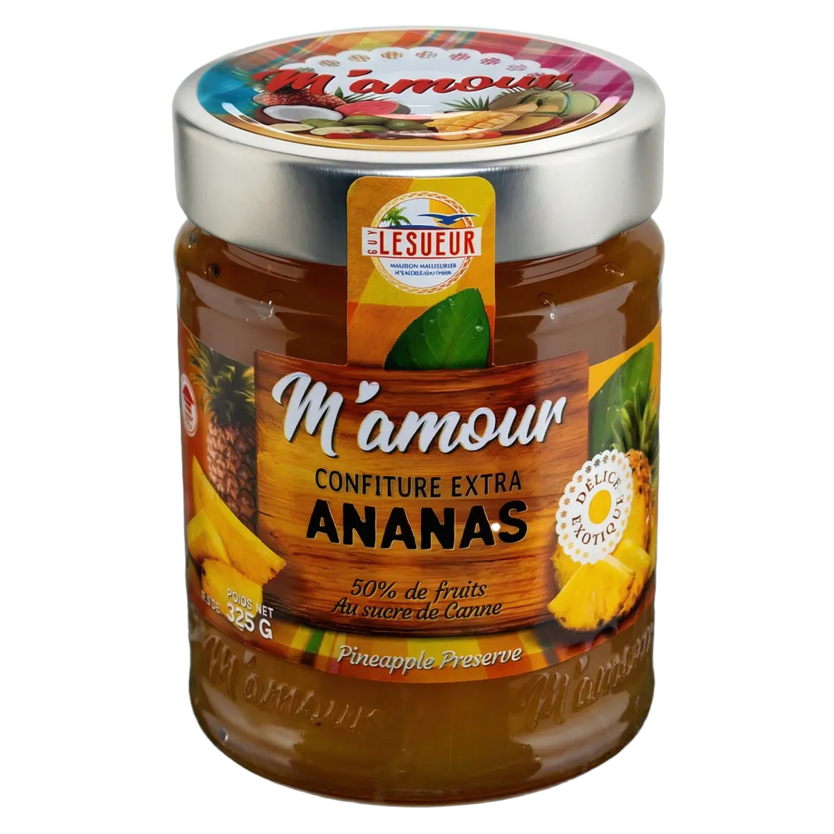 Jar of M'AMOUR pineapple jam (Lesueur brand) on a black background.