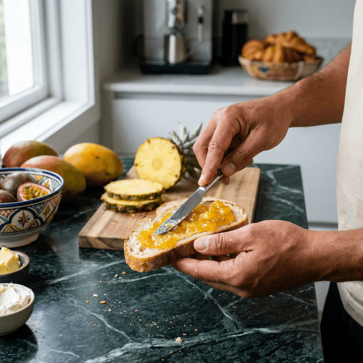 Confettura di ananas M'AMOUR su una fetta di pane. Preparazione di una colazione con frutta fresca.