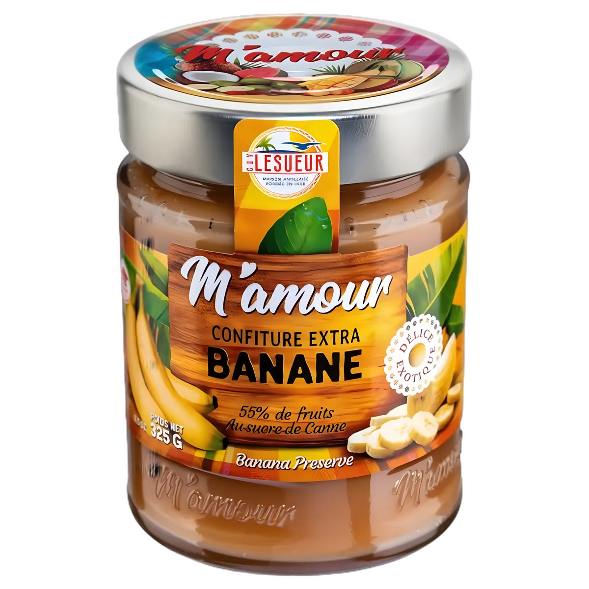 Pot de confiture banane naturelle M'AMOUR 325g avec 55% de fruits et sucre de canne, étiquette colorée pour épicerie sucrée.