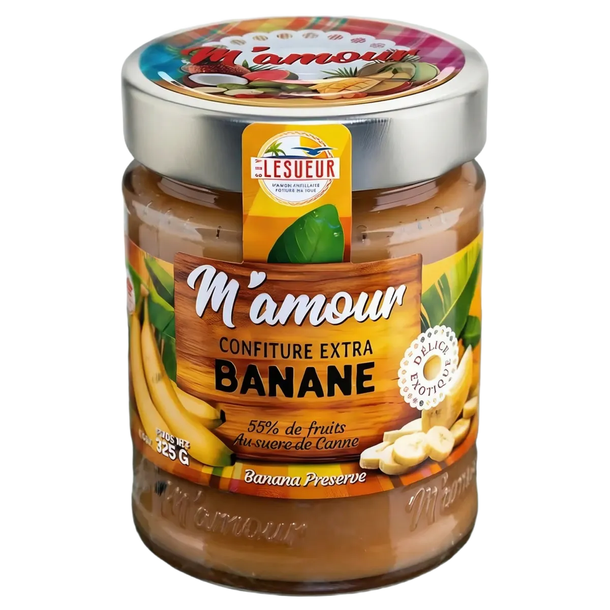 M'AMOUR banana jam in a 325g jar. Close-up of the product label.
