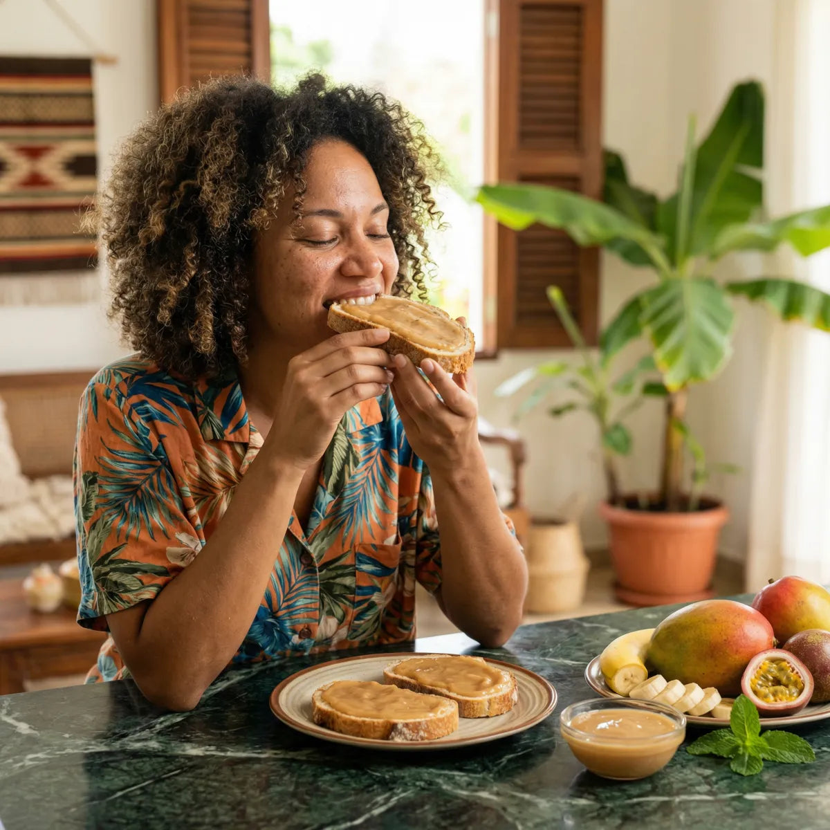 Donna sorridente che mangia una fetta di pane con marmellata di banana M'AMOUR. Frutta fresca accanto.