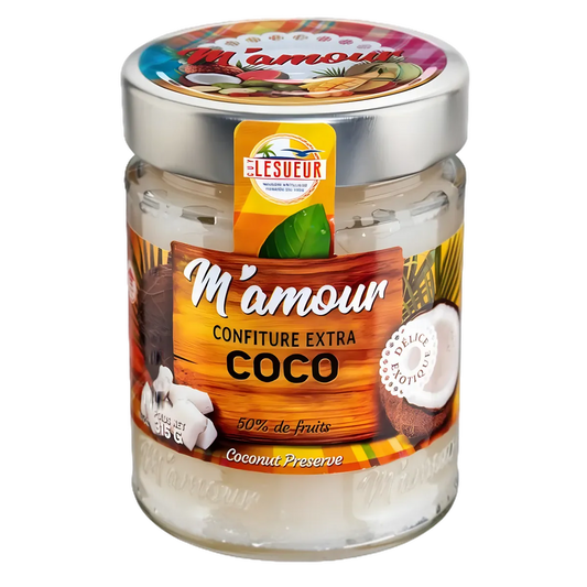 M'AMOUR coconut jam by Lesueur in a glass jar on a black background. Colorful label and lid.