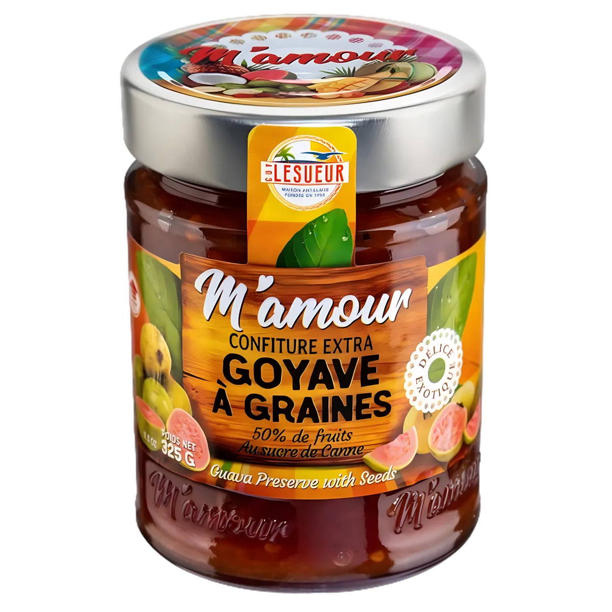 Confiture de goyave M'AMOUR - Confiture de goyave | Sucrée en pot de 425g, étiquette colorée avec fruits exotiques, 50% de fruits, goyave à graines.