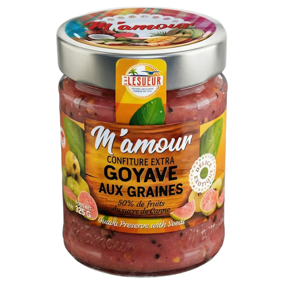 Close-up view of a jar of M'amour Lesueur guava jam.