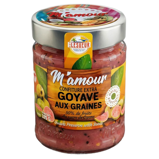 Close-up view of a jar of M'amour Lesueur guava jam.