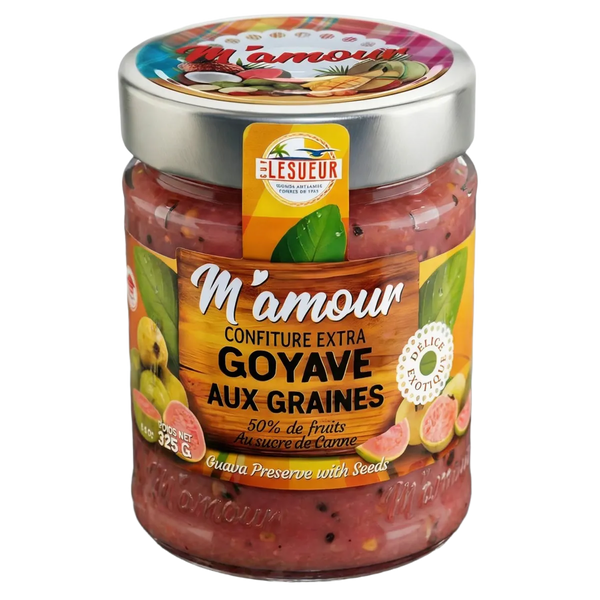 Pot de confiture de goyave M'amour Lesueur, vue rapprochée.