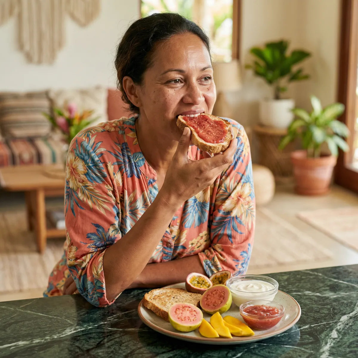Una donna mangia una fetta di pane con marmellata di guava M'AMOUR.