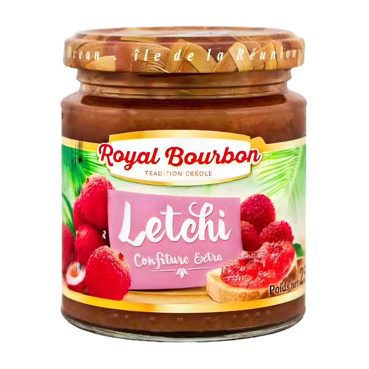 Confiture de letchi ROYAL BOURBON - Goût Authentique en pot, avec visuel de fruits frais et tartines. Épicerie sucrée aux saveurs exotiques.