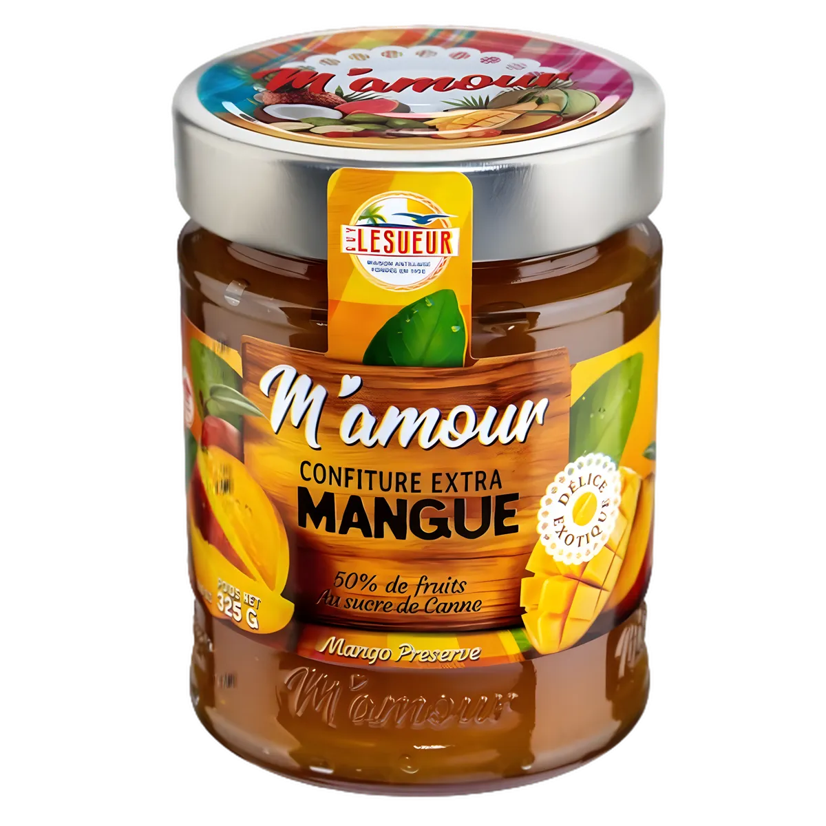 Confiture de mangue M'AMOUR - confiture de mangue en pot en verre, 50% de fruits, texture onctueuse et goût tropical pour épicerie sucrée.