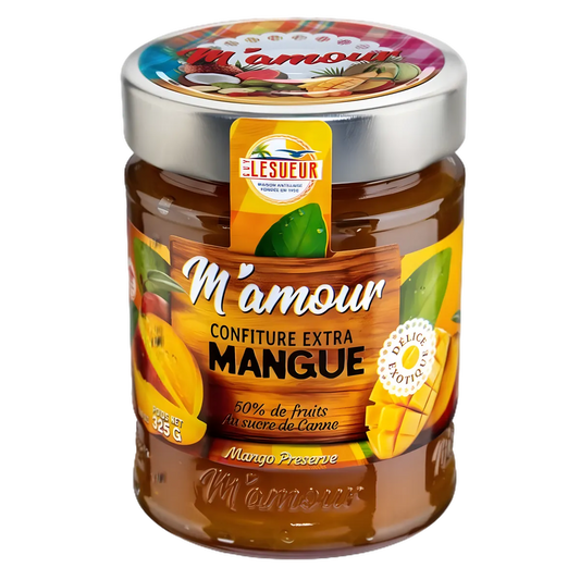 Confiture de mangue M'AMOUR - confiture de mangue en pot en verre, 50% de fruits, texture onctueuse et goût tropical pour épicerie sucrée.