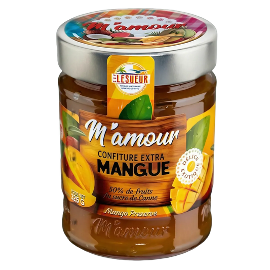 M'AMOUR Lesueur mango jam. A jar of mango jam on a black background.