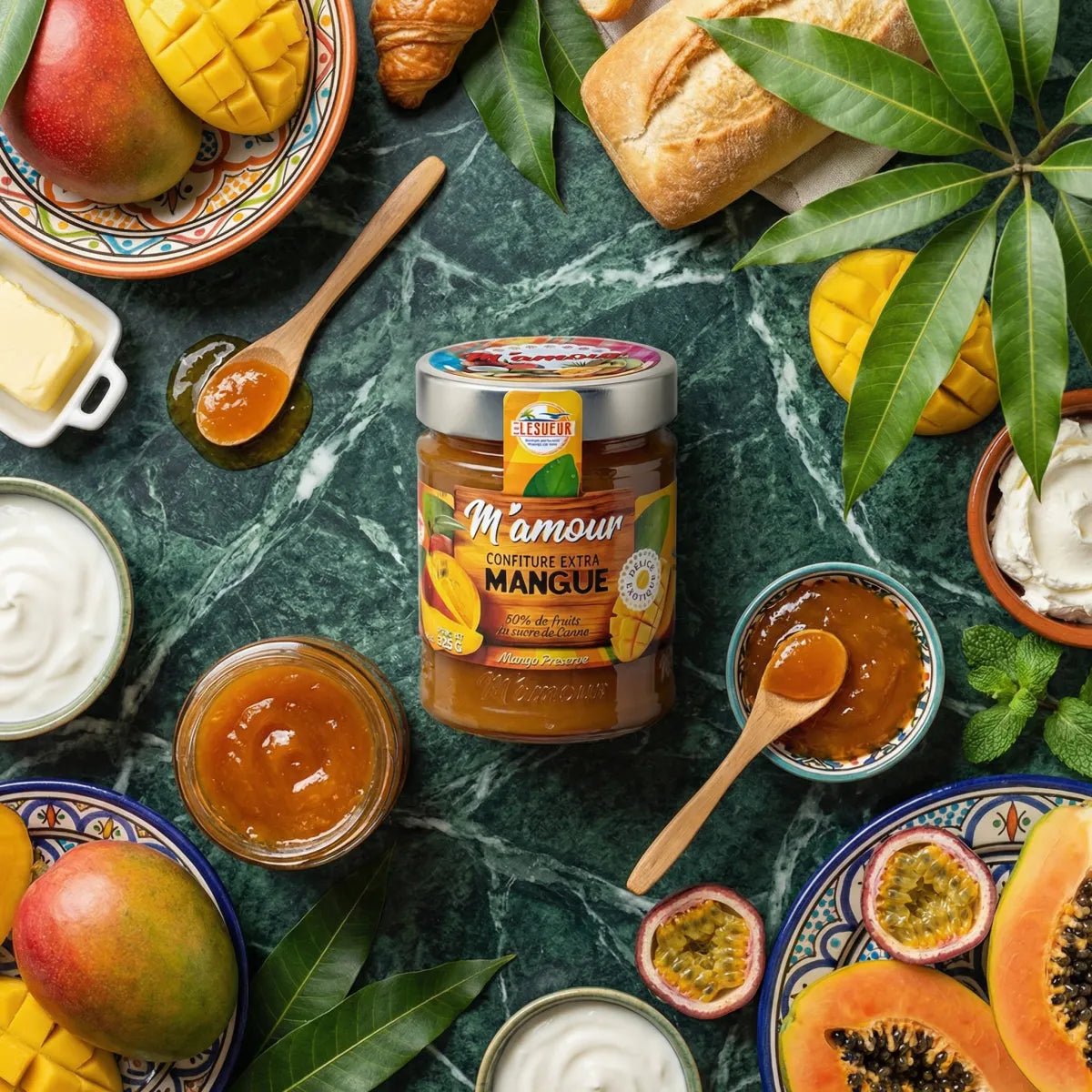 Gourmet still life featuring Lesueur's M'AMOUR mango jam, with fresh fruit.