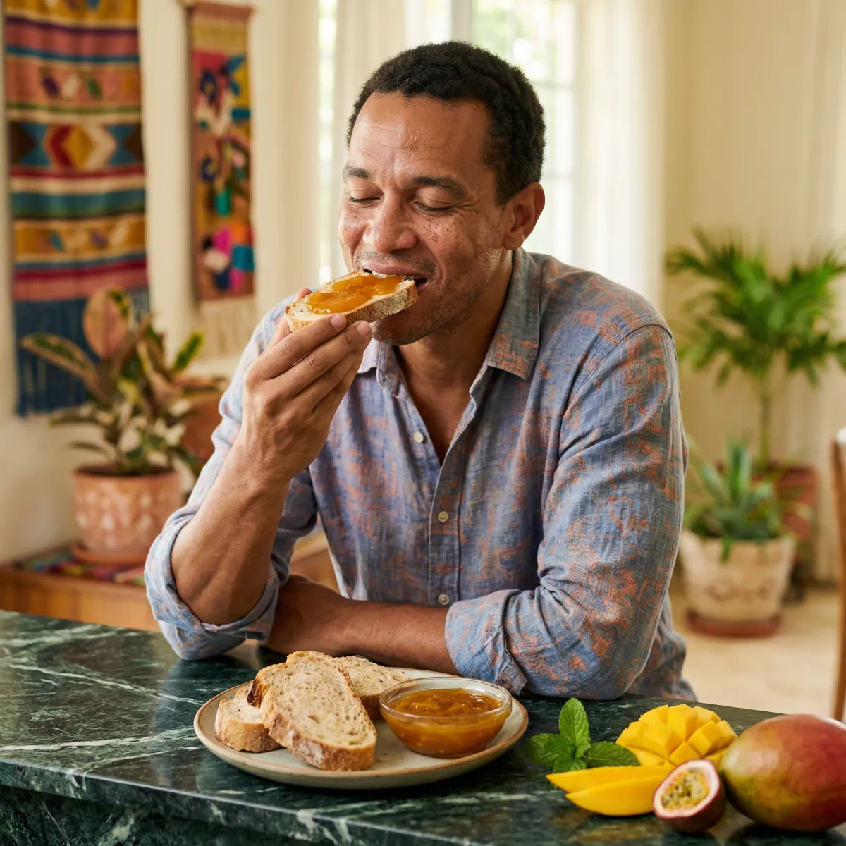 M'AMOUR, Mango jam: man enjoying a slice of bread, fresh fruit beside him.